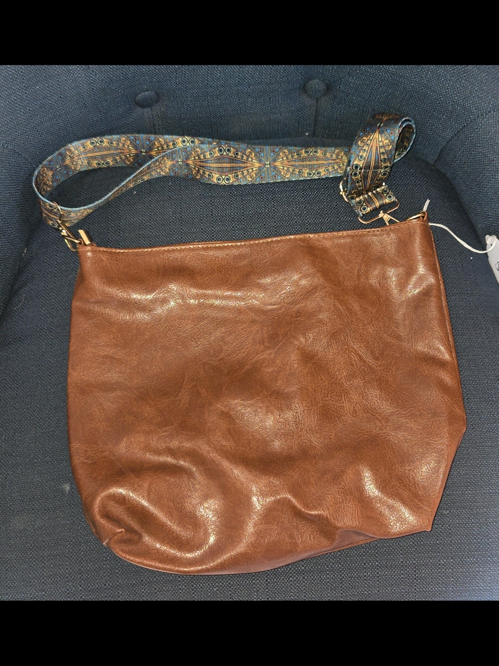 Faux Leather Crossbody Bag with Patterned Strap - Brown